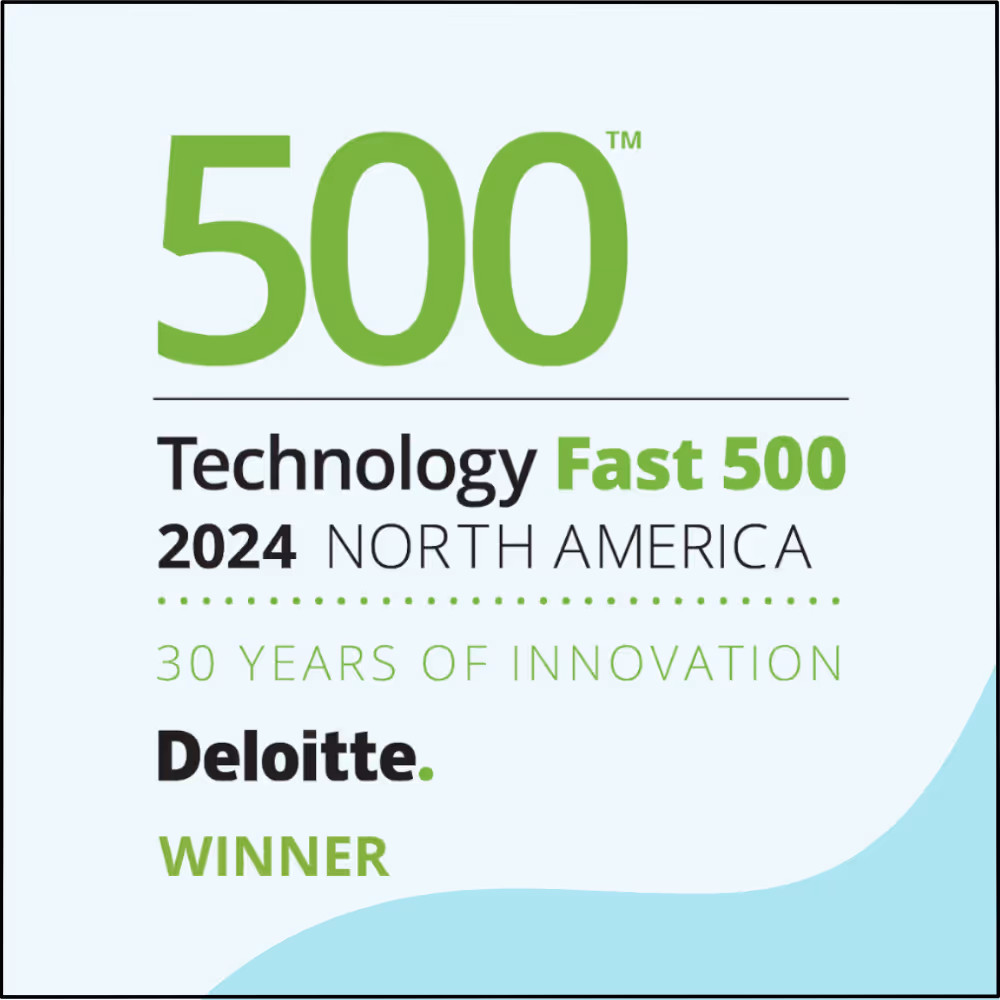 Logo for Deloitte Technology Fast 500 North America 2024 winner celebrating 30 years of innovation.