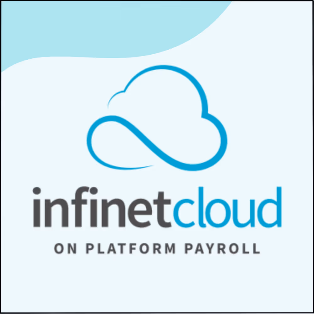 Logotype of InfineCloud with an abstract blue cloud symbol and text 'infinitcloud ON PLATFORM PAYROLL'.