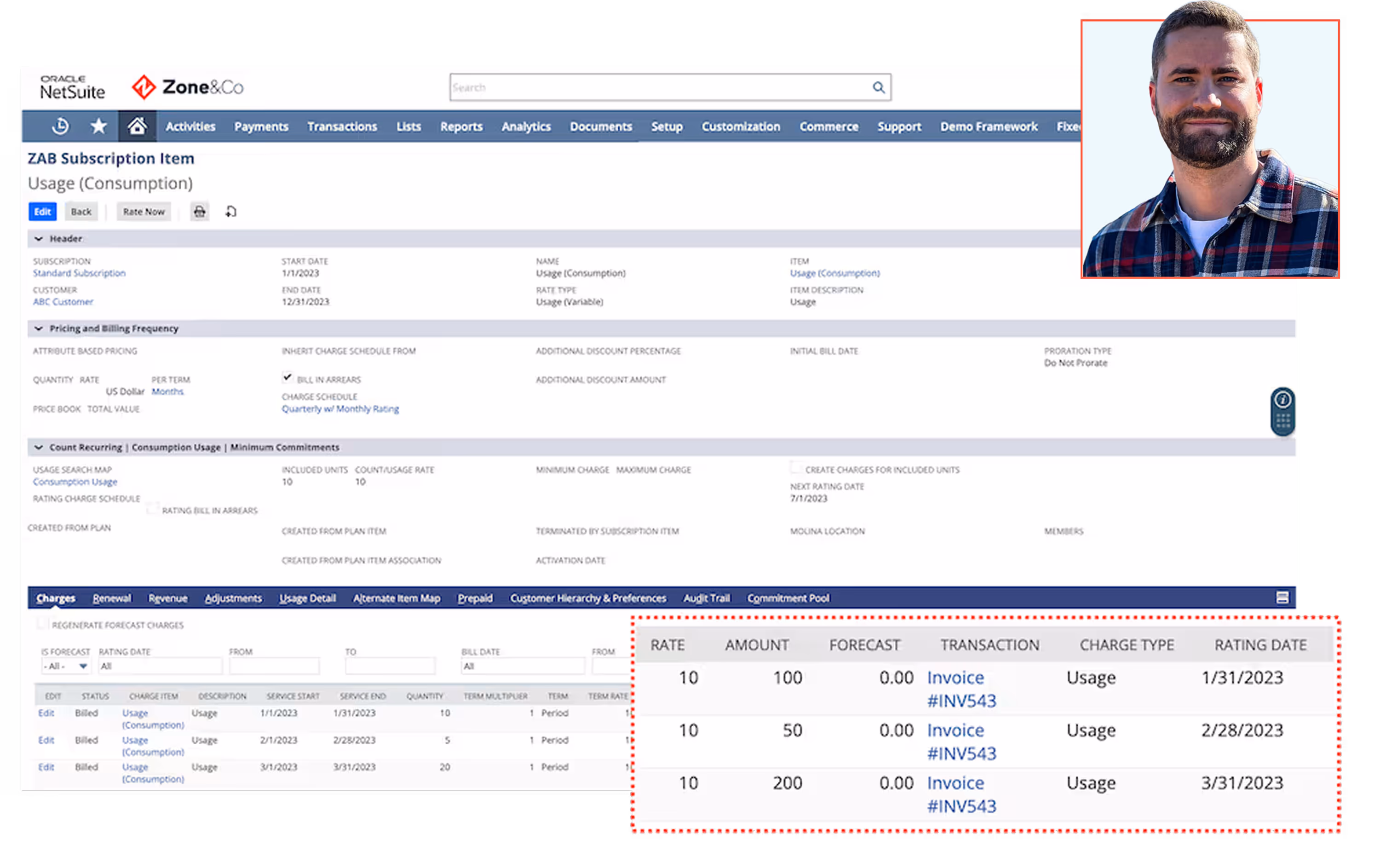 Screenshot of an Oracle NetSuite Zone&Co subscription item usage page displaying subscription details, pricing, billing frequency, and a table of billed usage transactions with rates, amounts, and invoice links, with a photo of a man in a plaid shirt in the top right corner.