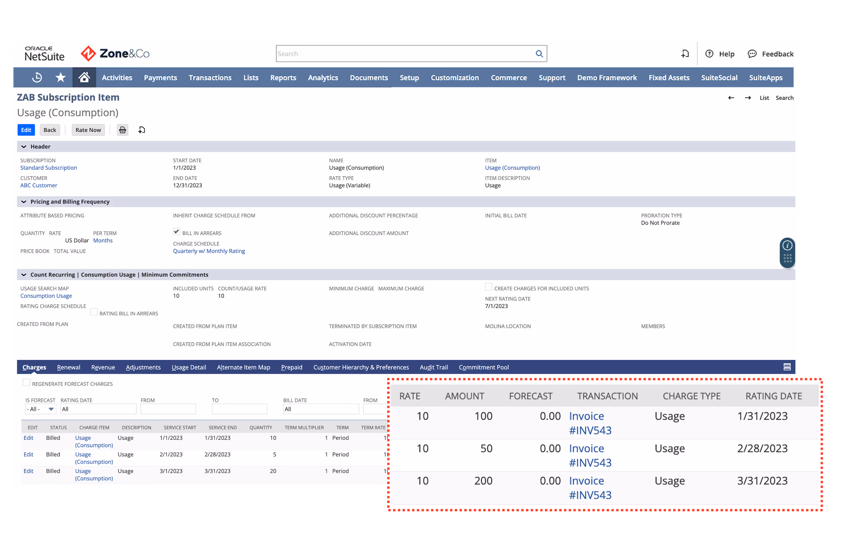 Oracle NetSuite Zone&Co interface showing ZAB Subscription Item usage details with rate, amount, forecast, transaction invoice links, charge type as Usage, and rating dates for three billing periods.