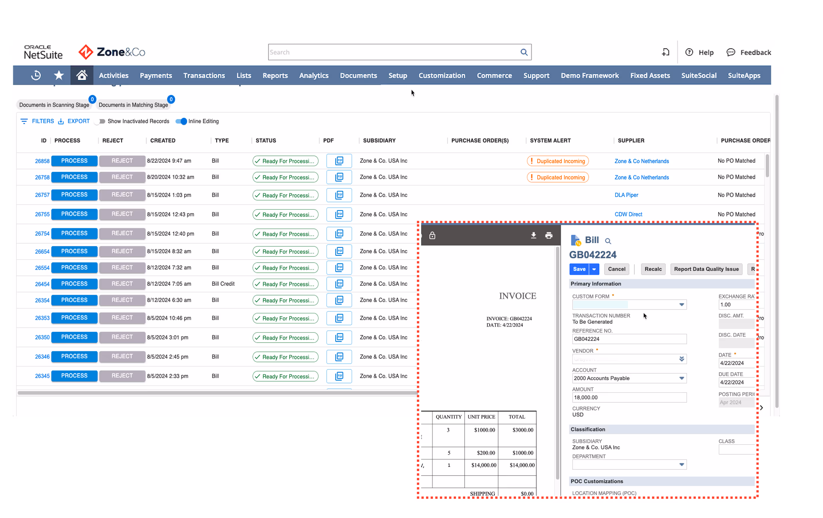 Oracle NetSuite Zone&Co user interface showing a list of bills with processing and reject buttons, status column, suppliers, and a detailed invoice preview on the right side.