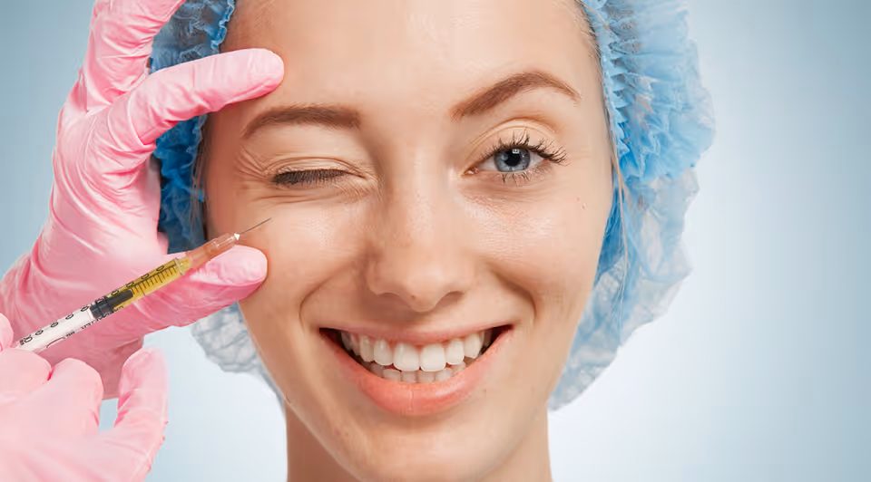 Young woman wearing medical headwear while doctor injects her face