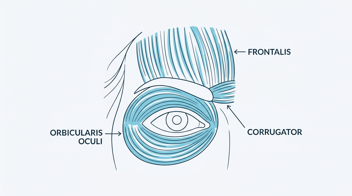 Medical illustration showing the muscles around the eyebrow area