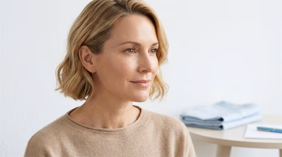 Woman showing smooth skin around nasolabial folds after dermal filler treatment at Arlo Medical in Calgary