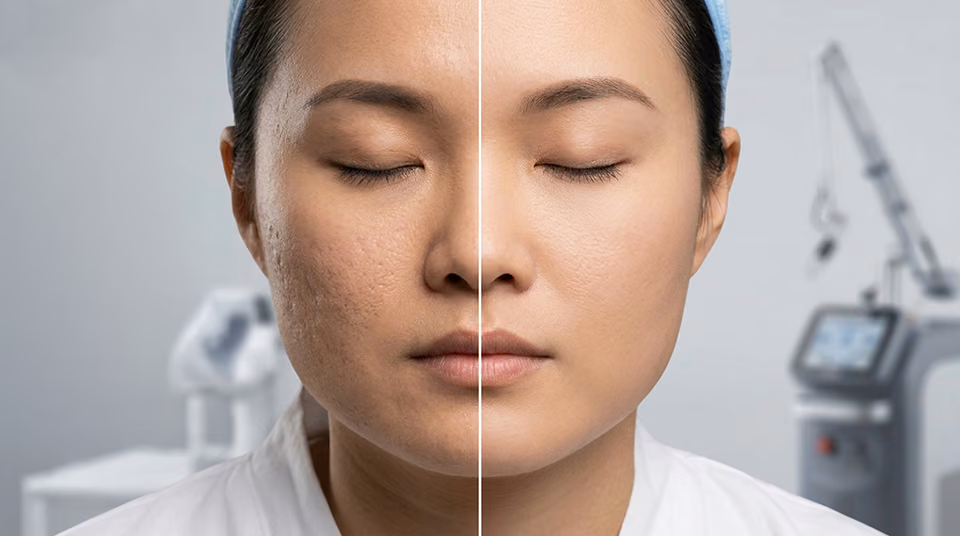 A split close-up portrait showing skin texture improvement