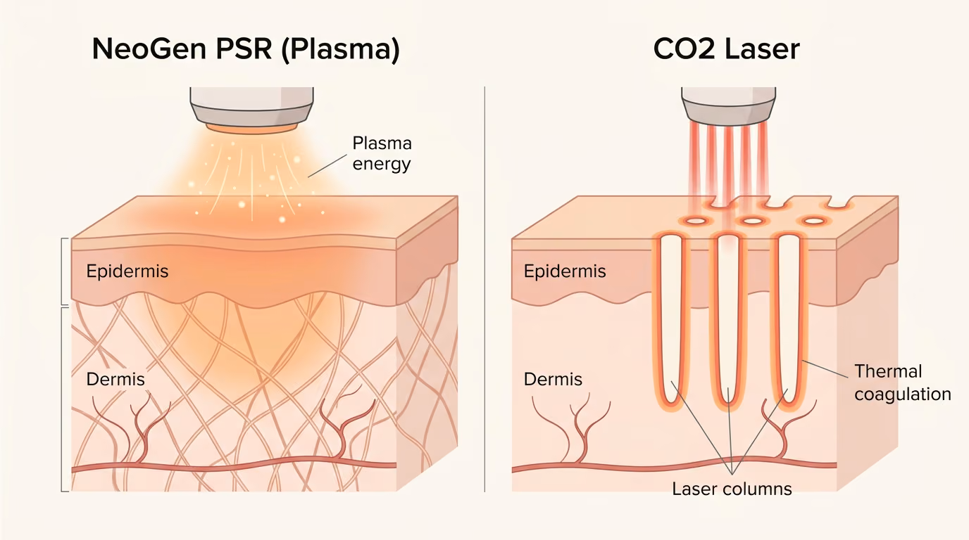 Diagram comparing NeoGen PSR plasma resurfacing to fractional CO2 laser in the skin