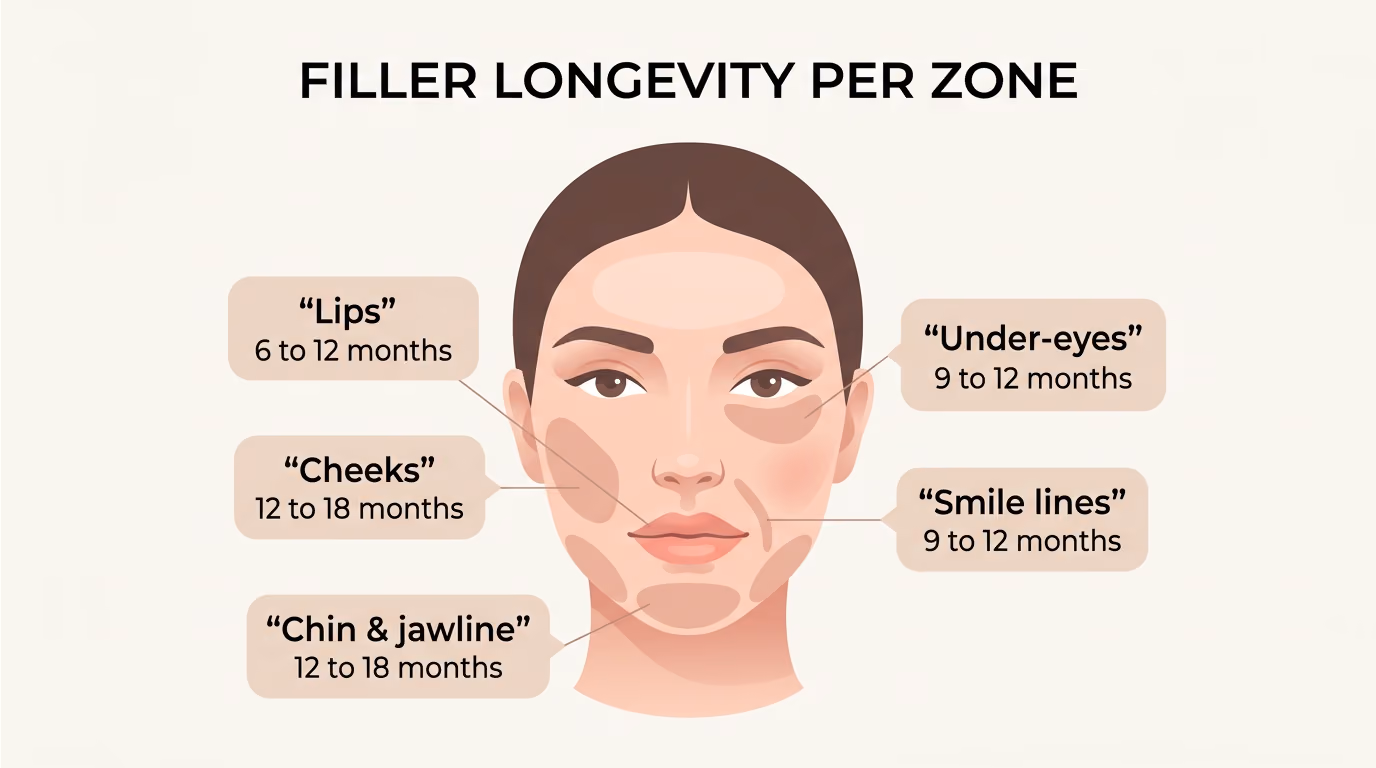 Dermal filler longevity by facial area