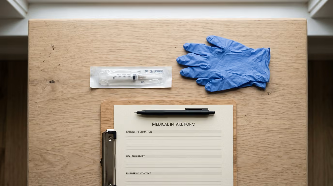 Sealed single-use syringe and a blank medical intake form on a clinic counter.