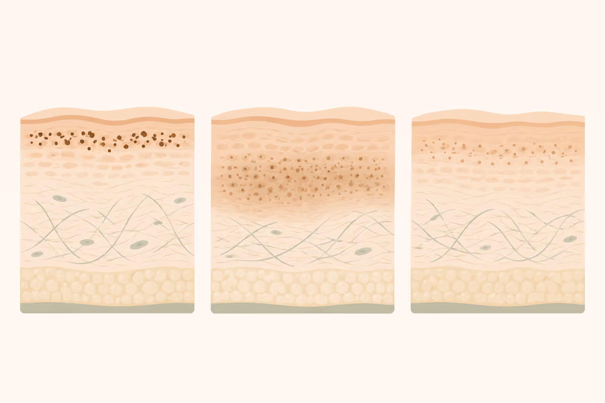Illustration comparing pigment depth in sun spots, melasma, and post-inflammatory hyperpigmentation.