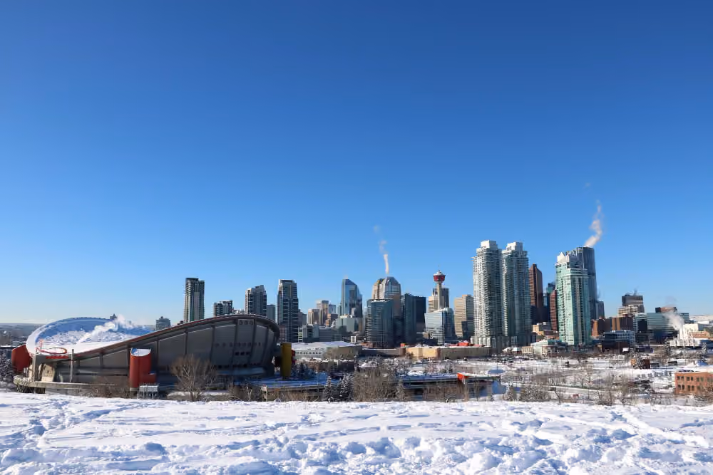 Bright winter sunlight reflecting off snow in Calgary, a source of increased UV exposure.