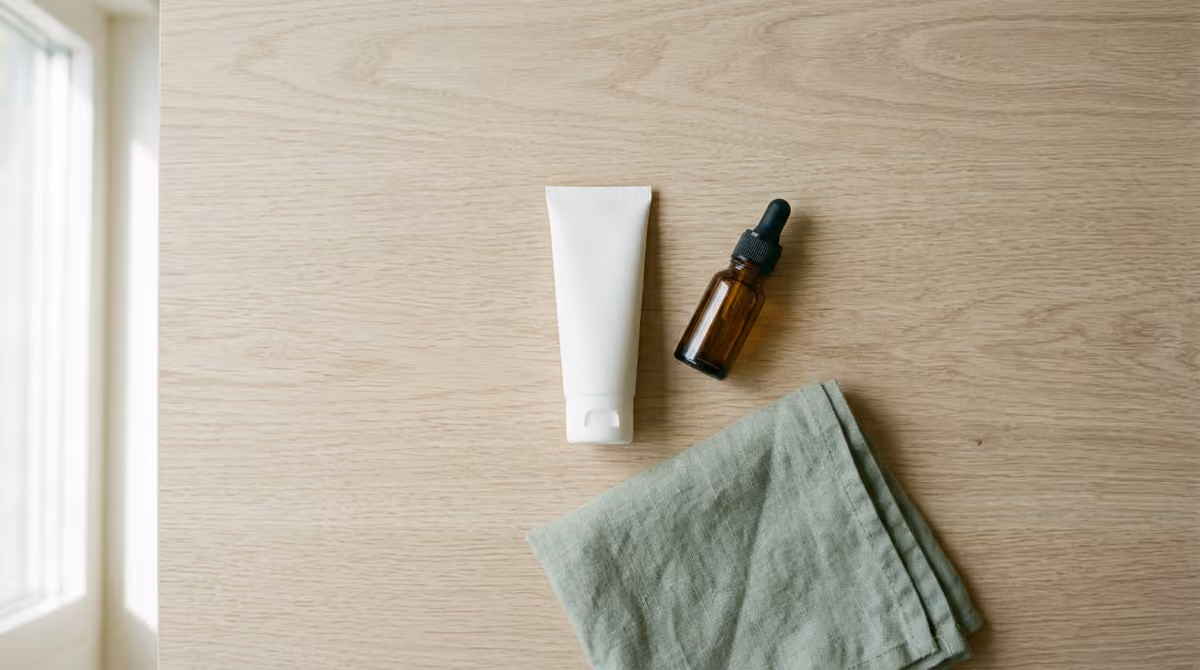 Mineral sunscreen and a serum dropper bottle arranged on a wooden surface.