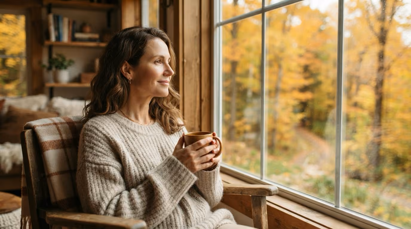 A woman resting indoors by a window during autumn recovery after a skin treatment.
