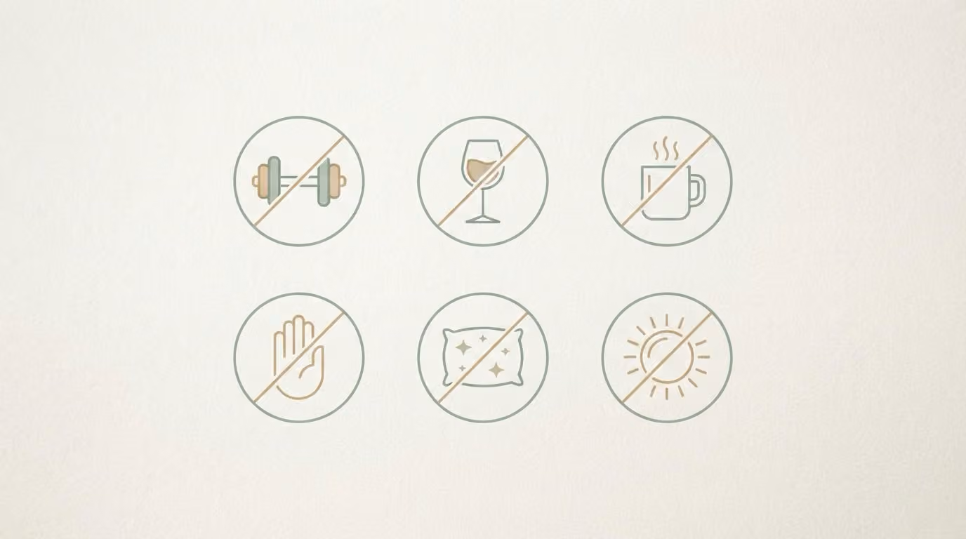 Line icons representing activities to avoid in the first 48 hours after dermal filler.