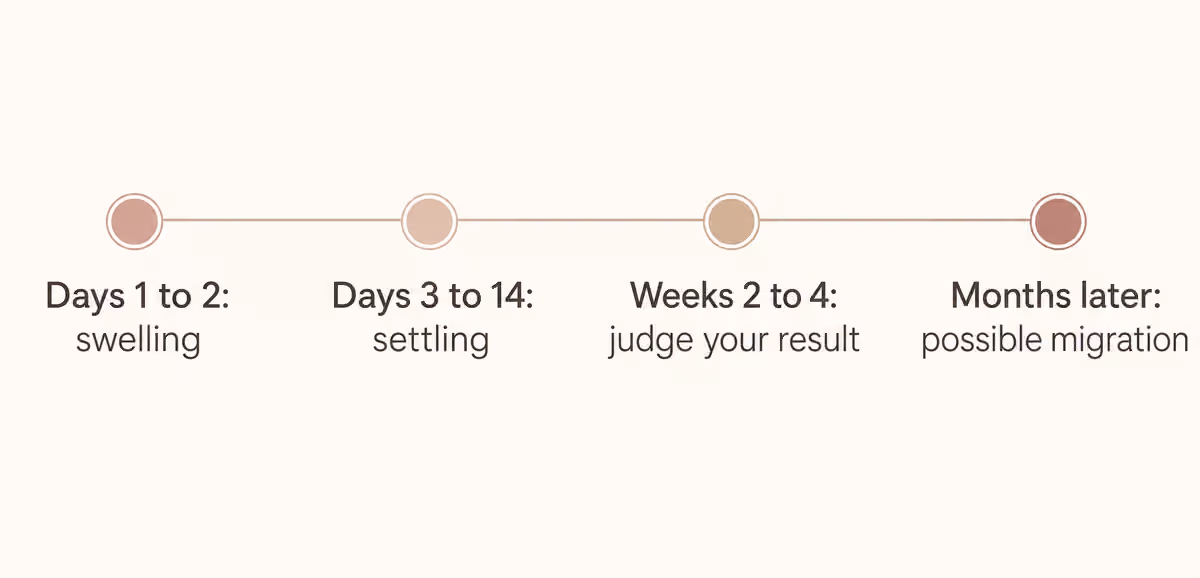 Timeline showing the difference between filler swelling, settling, and migration