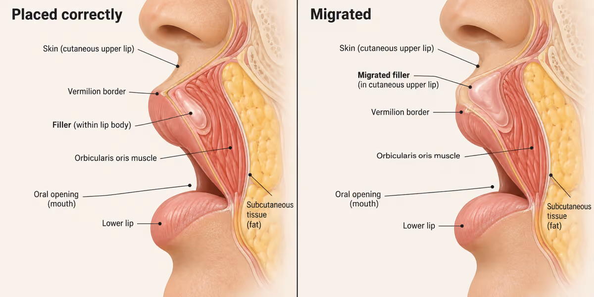 Diagram comparing correctly placed lip filler with filler that has migrated above the lip border