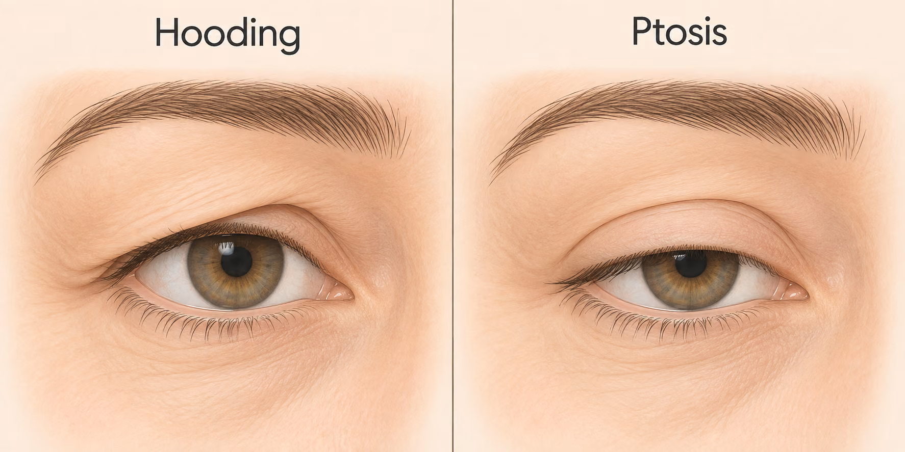 Diagram comparing hooded eyelids caused by excess skin to ptosis caused by eyelid muscle weakness