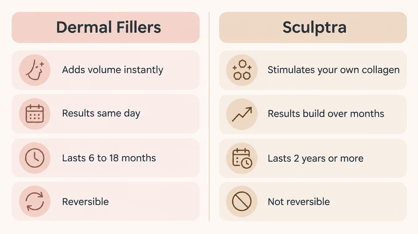 Comparison of dermal fillers and Sculptra by how they work, timing, longevity, and reversibility