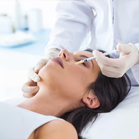 A medical professional administering an injection near a woman's eye in a clinical setting.