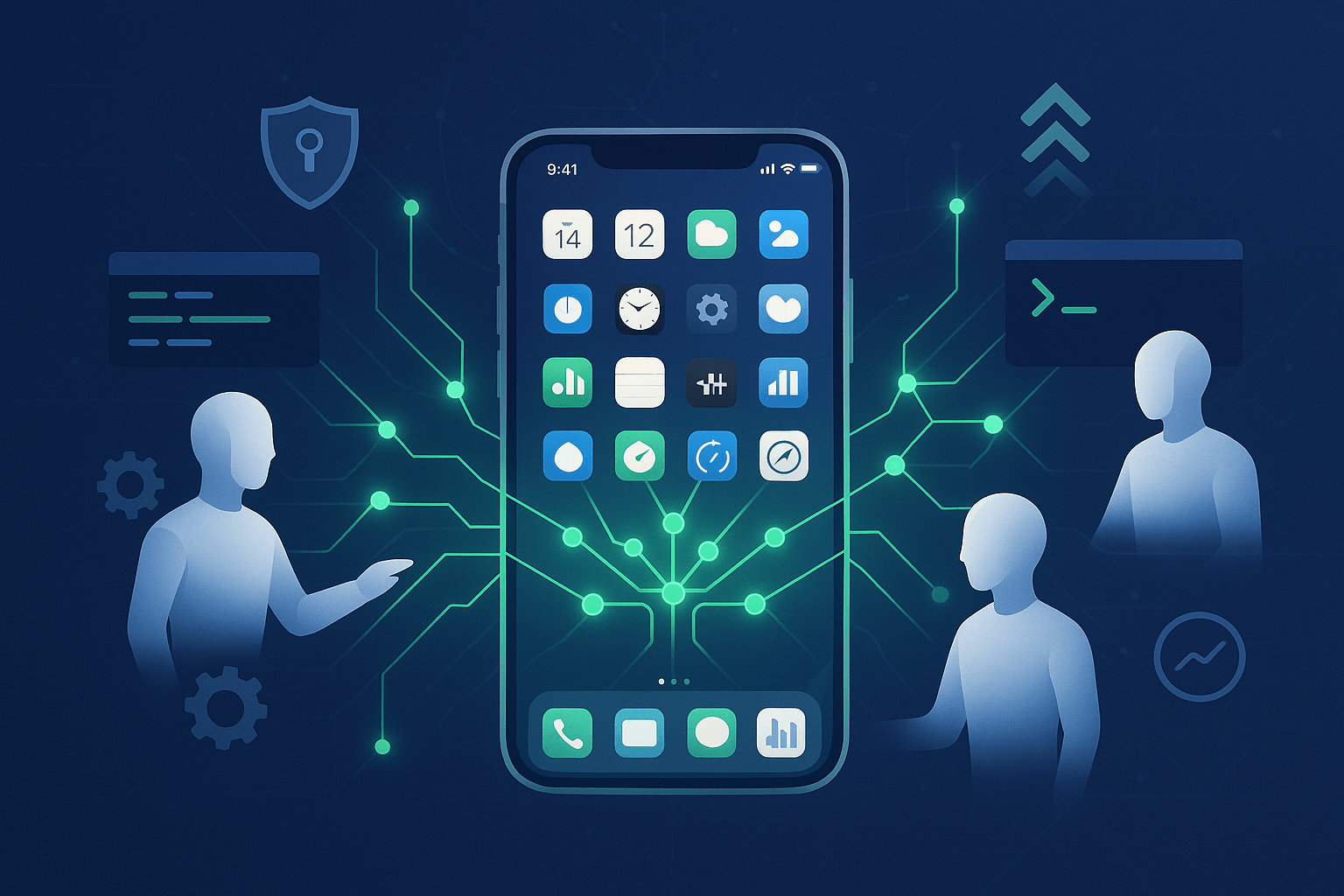 AI neural networks connecting to iOS simulator interface with automation elements and enterprise technology icons