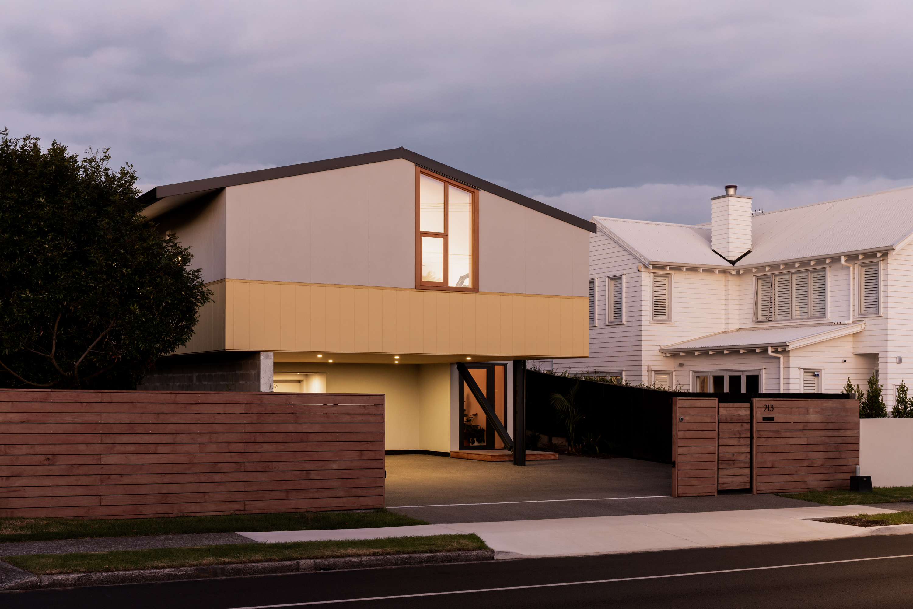 yellow house at dusk