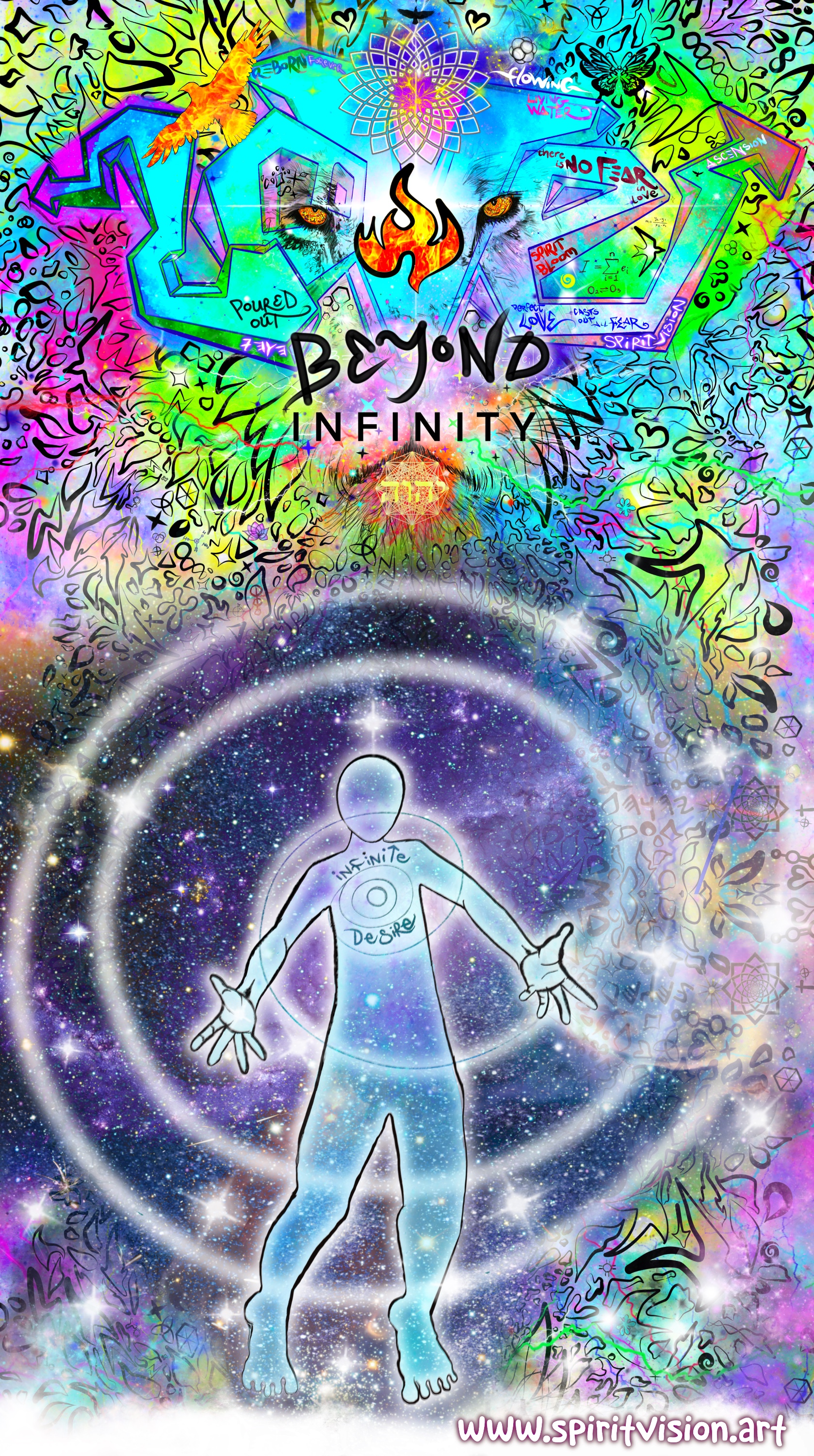 LOVE poured out beyond infinity : Yeshua is love : lion face graffiti text