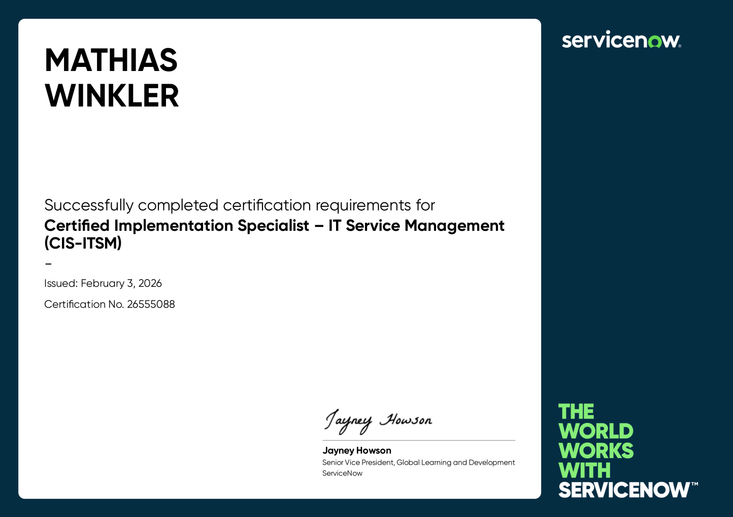 Mathias' certificate of ServiceNow CIS CSM