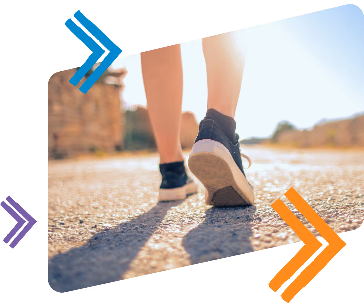 Person walking forward on a sunlit path, seen from behind. Arrows in purple, blue, and orange point ahead, symbolising progress.