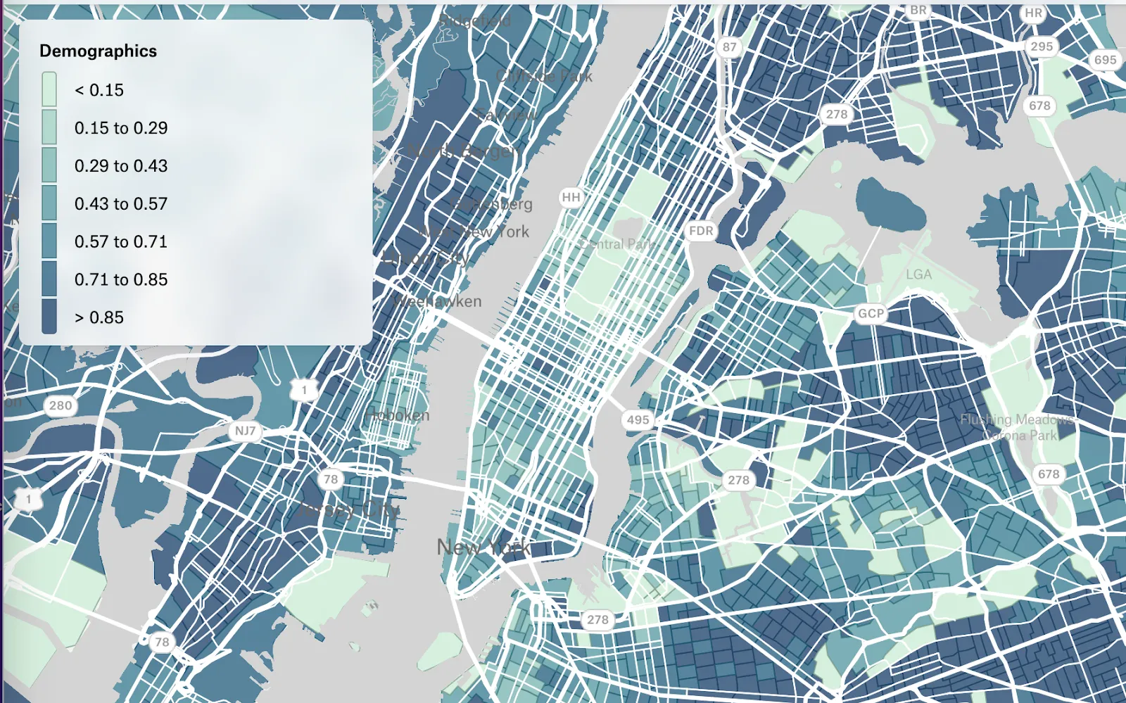 An interactive map showing trade areas based on demographics in Manhattan and surrounding areas.