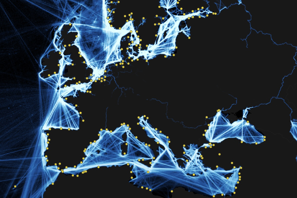 Map of Europe and surrounding regions showing major shipping routes and ports, with bright lines representing supply chain connections and yellow dots indicating key port locations.