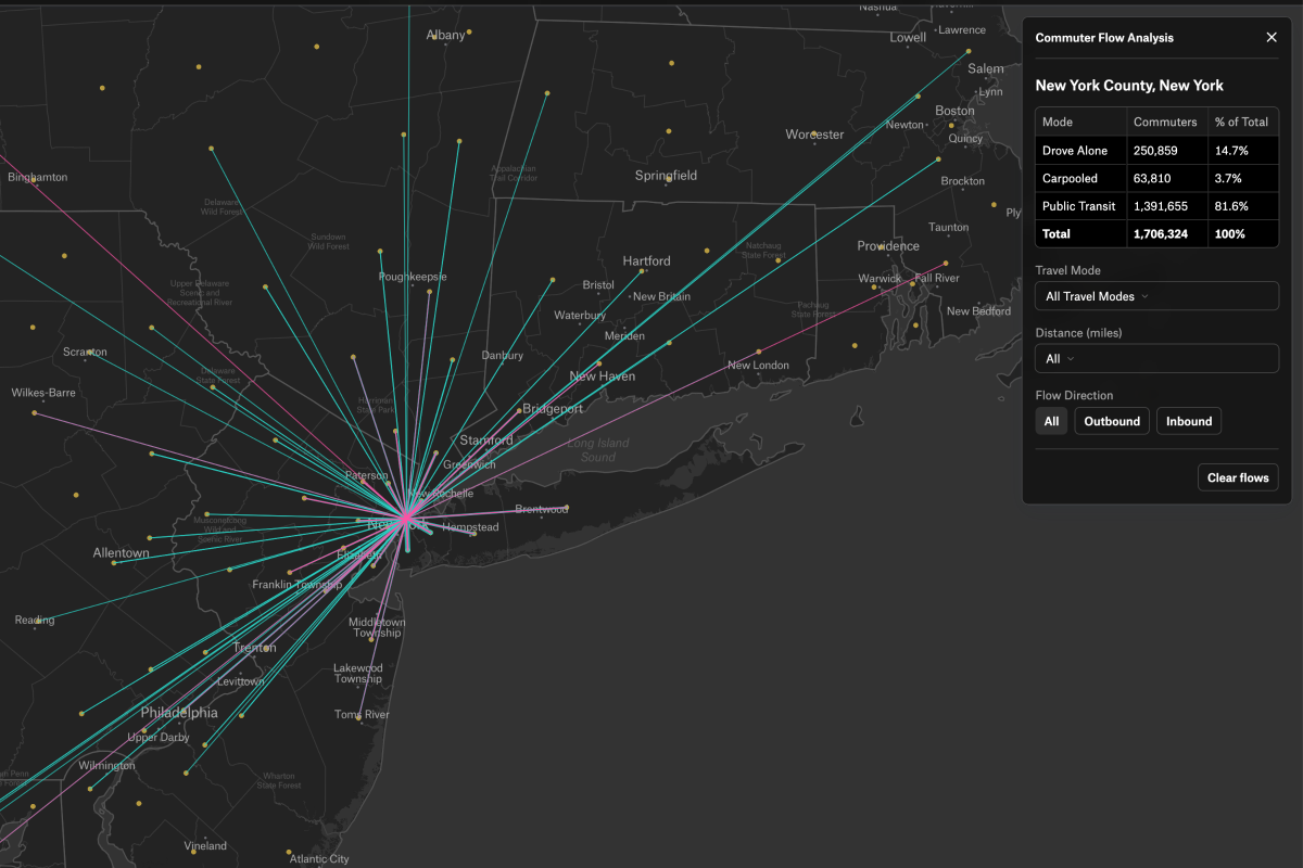 Map of New York County and surrounding areas showing commuter flow patterns, with lines indicating travel routes to and from the county and a sidebar displaying the number and percentage of commuters by travel mode.