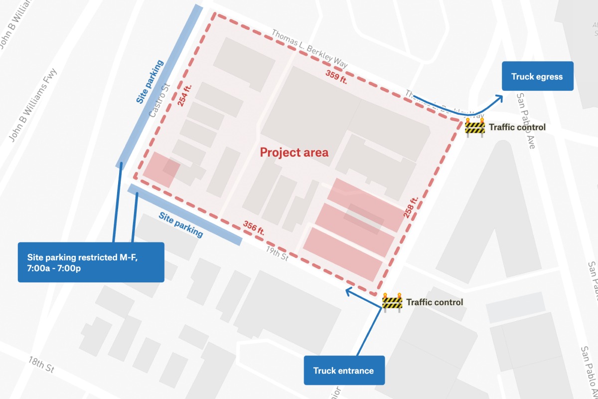 An interactive map showing a planned construction project, with points showing entrances, traffic control barriers, and parking areas.