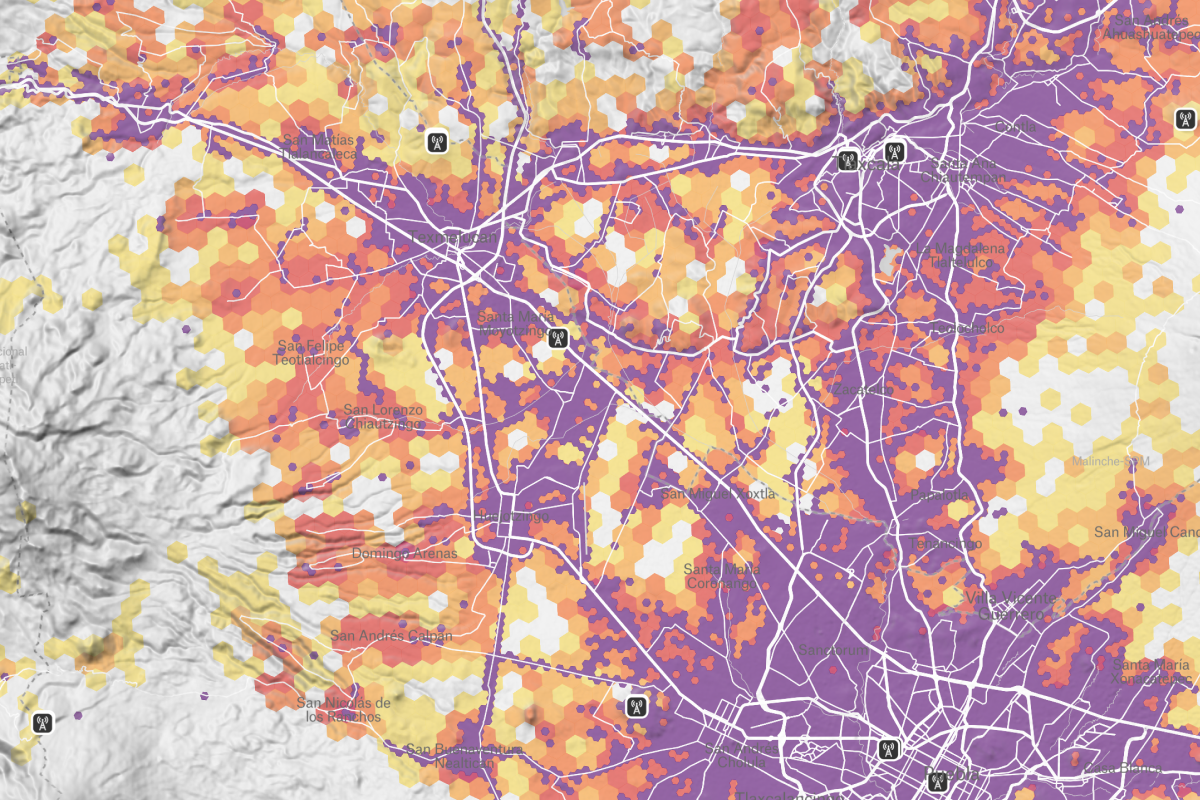 A hexagonal heat map showing telecommunications signal strength and network coverage across a mountainous region, with purple and orange gradients indicating data density and cell tower locations.