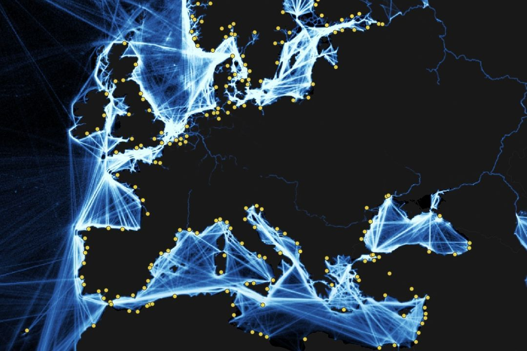 Data-driven logistics route map showing connected delivery paths and stops across regions, visualizing route optimization and network efficiency.
