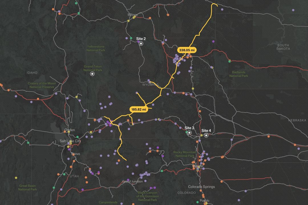 Logistics route planning map showing optimized driving routes, distances, and multiple service sites across states to visualize efficient fleet routing.