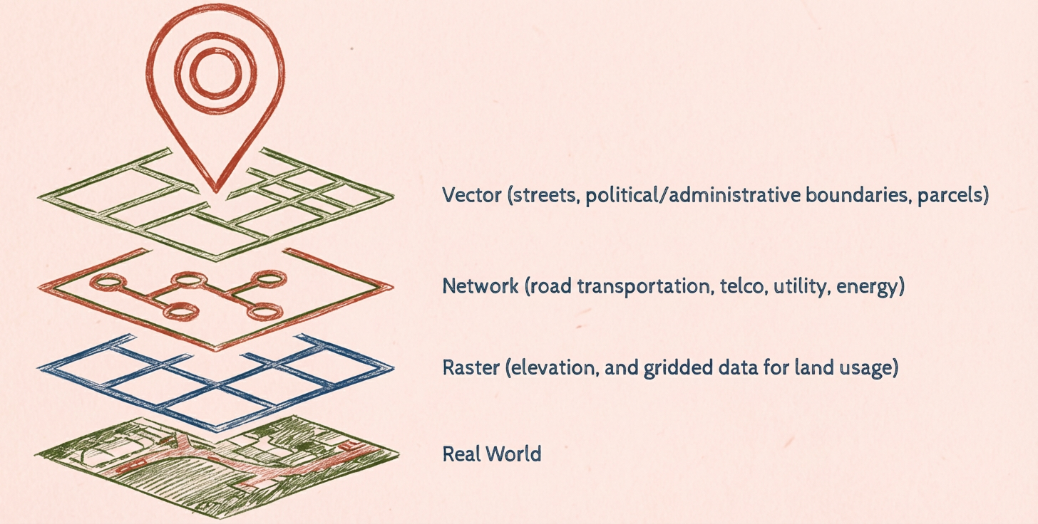 Diagram showing layered geospatial data types, vector features, network connections, raster grids, and real-world base maps stacked beneath a location pin.