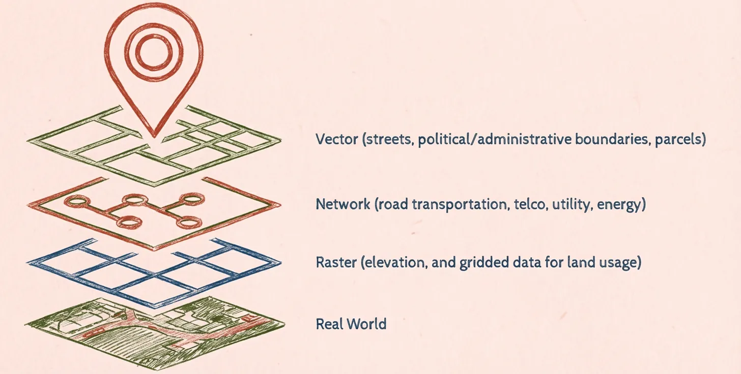 Diagram showing layered geospatial data types, vector features, network connections, raster grids, and real-world base maps stacked beneath a location pin.