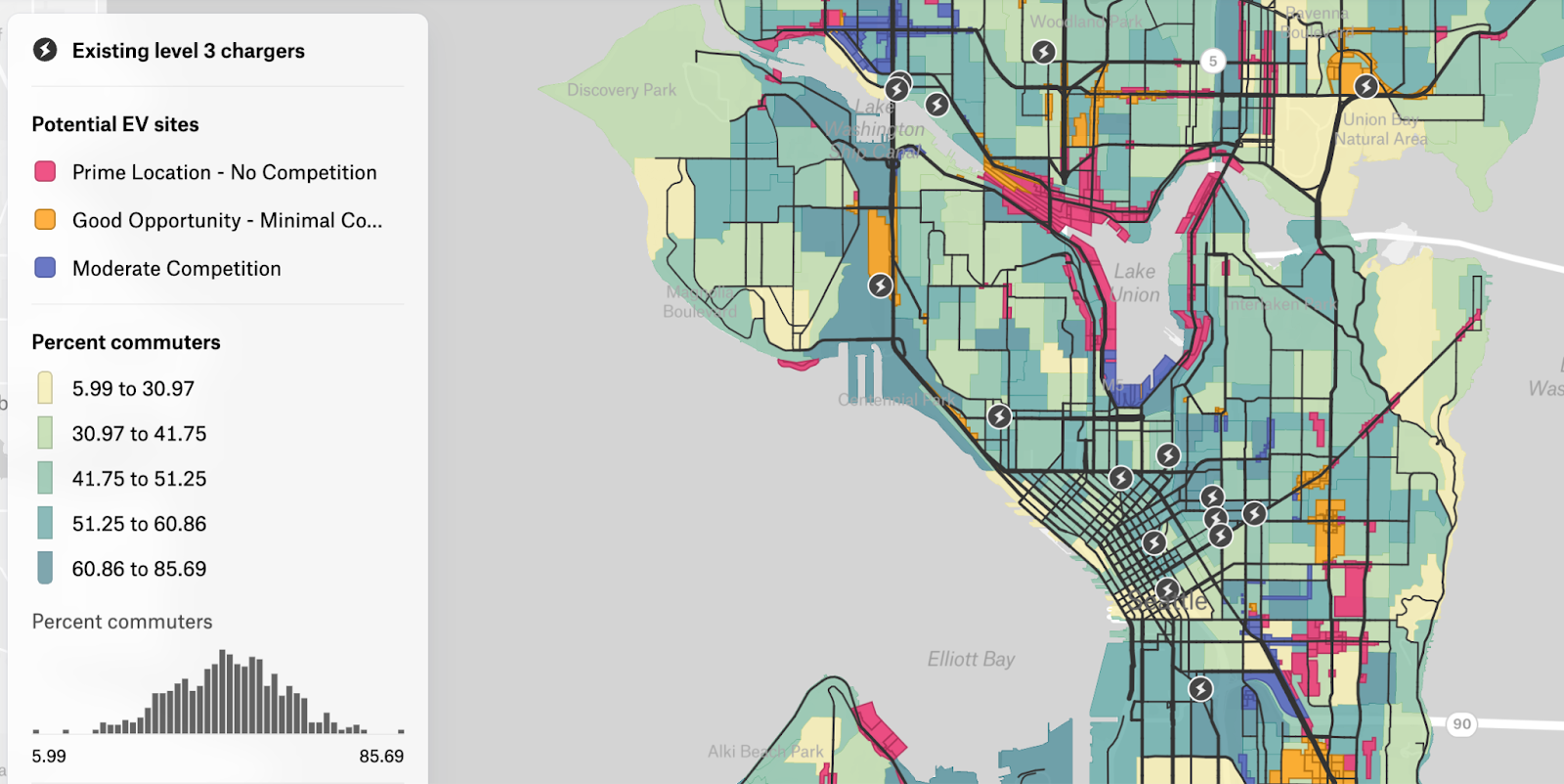 An interactive map showing electric vehicle charger site selection factors in Washington.