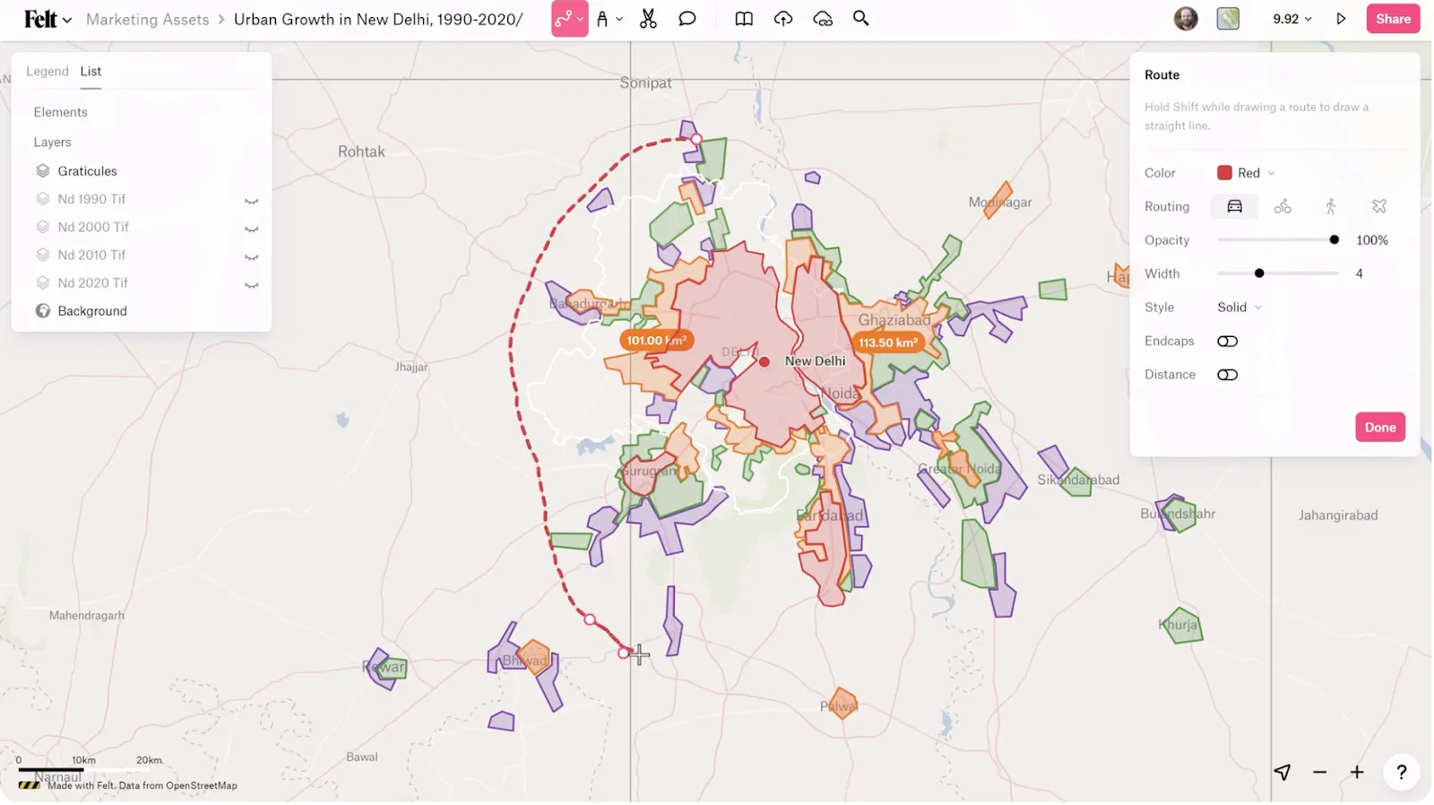 Screenshot from Felt’s Youtube video, “Getting Started with Felt 2/6 - Draw Data and Annotate the Map,” showing the Route Tool for a highway surrounding New Delhi, India.