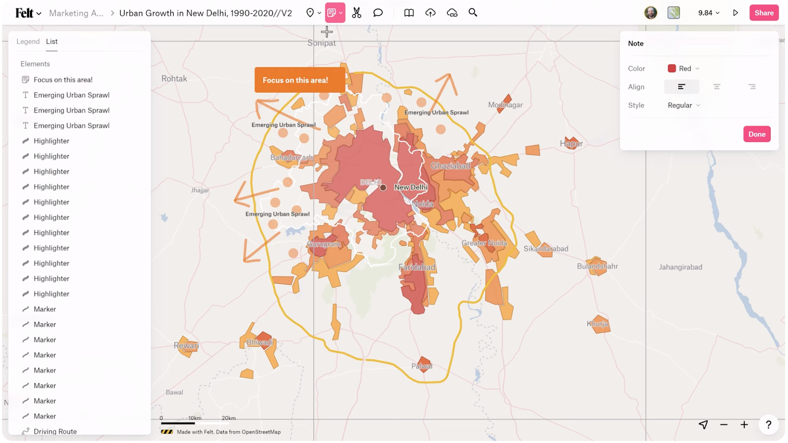 Screenshot from Felt’s Youtube video, “Getting Started with Felt 2/6 - Draw Data and Annotate the Map,” showing a note wrapped in an orange text box.