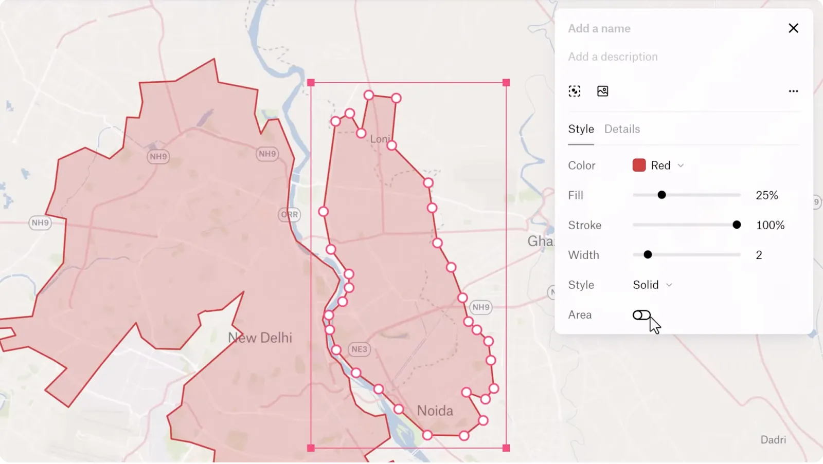 Screenshot from Felt’s Youtube video, “Getting Started with Felt 2/6 - Draw Data and Annotate the Map,” showing the Polygon Tool around New Delhi, India.