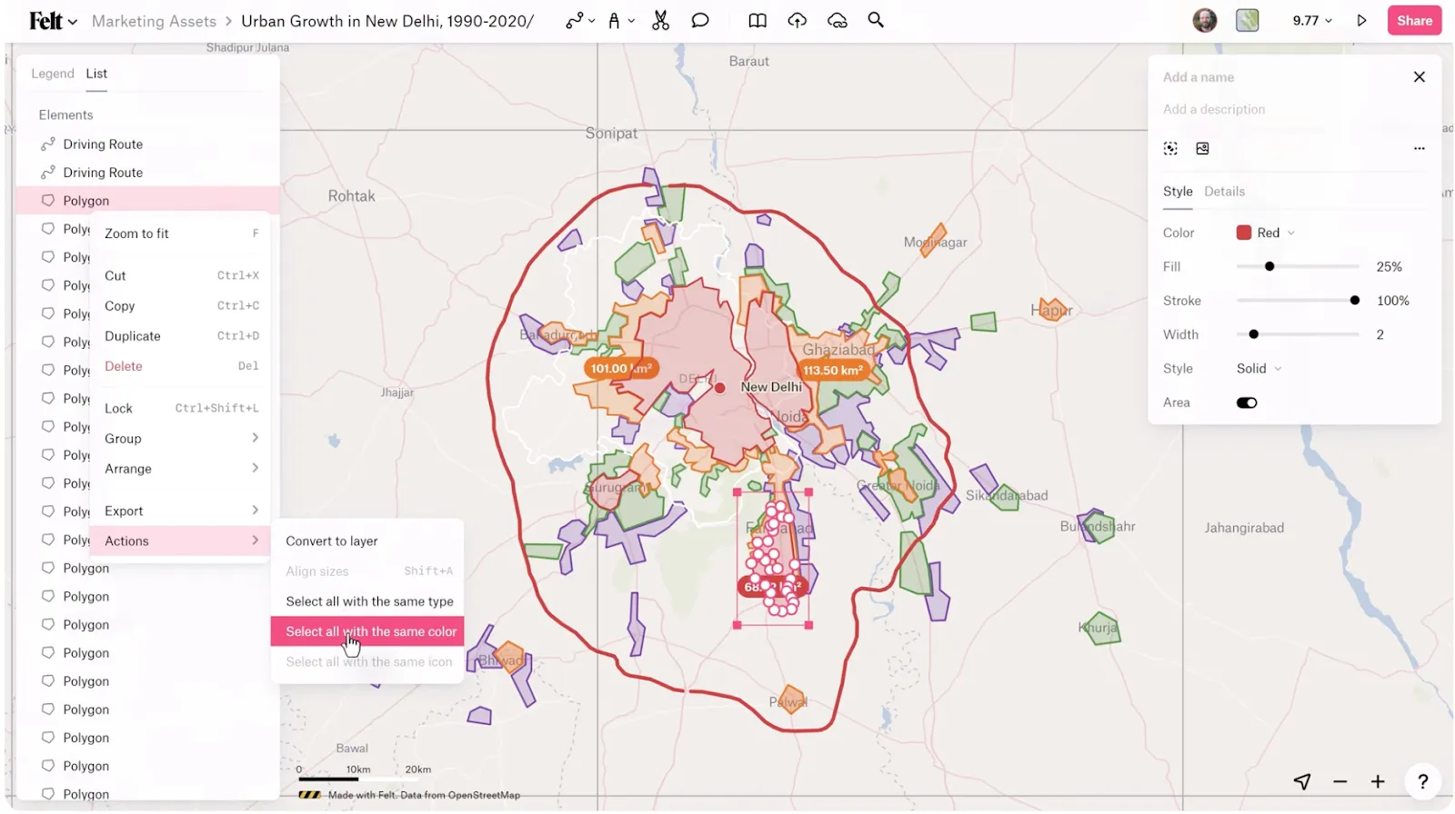 Screenshot from Felt’s Youtube video, “Getting Started with Felt 2/6 - Draw Data and Annotate the Map,” showing bulk selected elements via color.