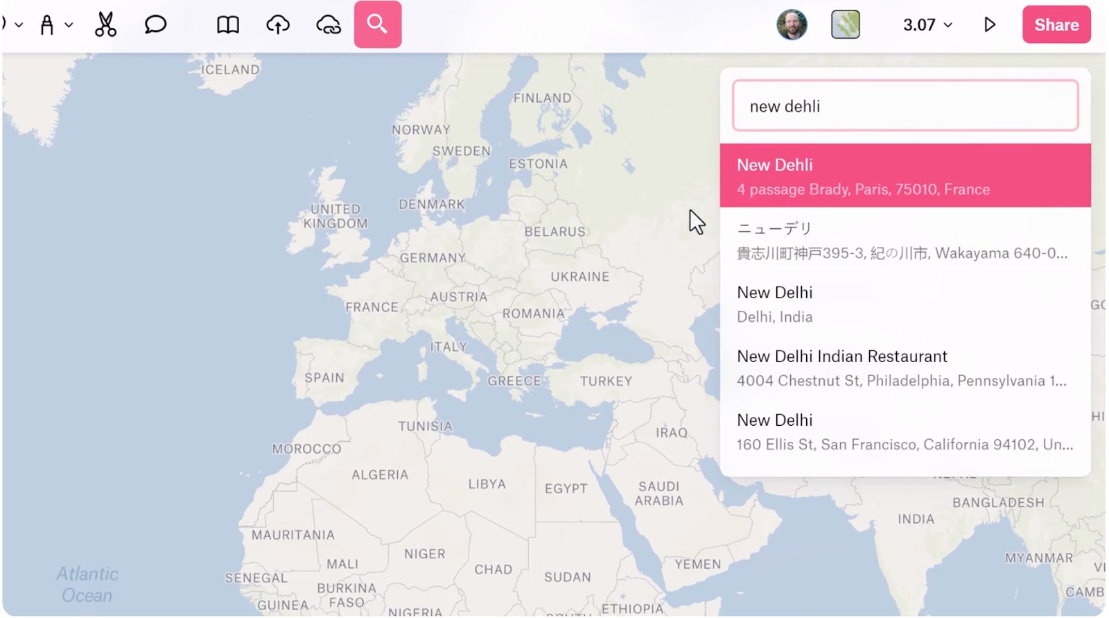 Screenshot from Felt’s Youtube video, “Getting Started with Felt 2/6 - Draw Data and Annotate the Map,” showing the Search Bar feature for New Delhi, India.
