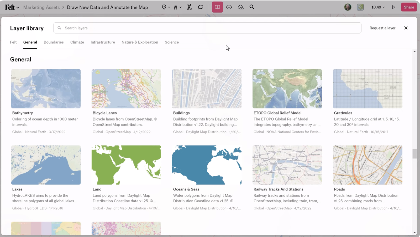 Screenshot from Felt’s Youtube video, “Getting Started with Felt 2/6 - Draw Data and Annotate the Map,” showing the Layer Library for various data sets.