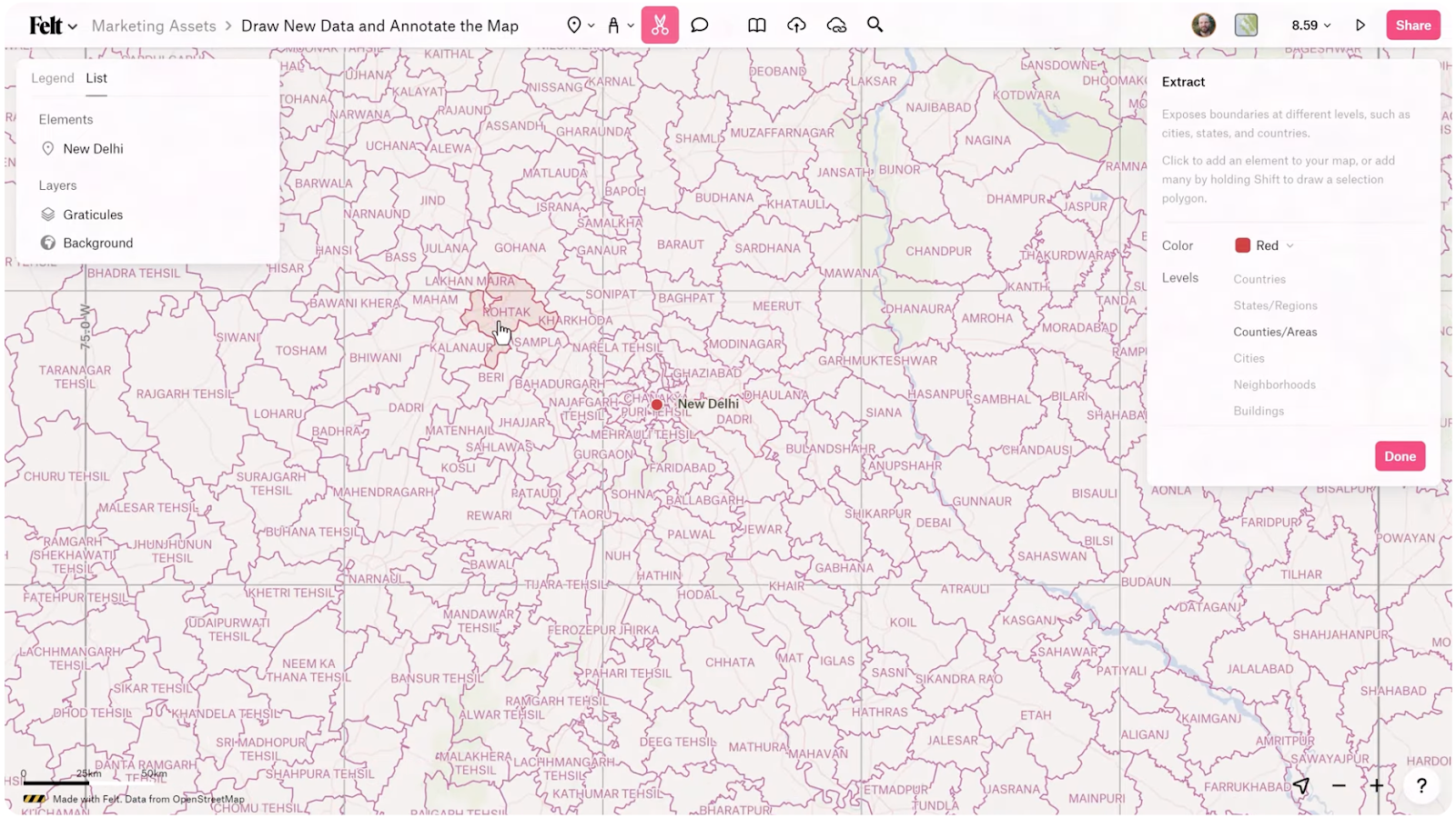 Screenshot from Felt’s Youtube video, “Getting Started with Felt 2/6 - Draw Data and Annotate the Map,” showing the Extract Tool’s scissor icon.