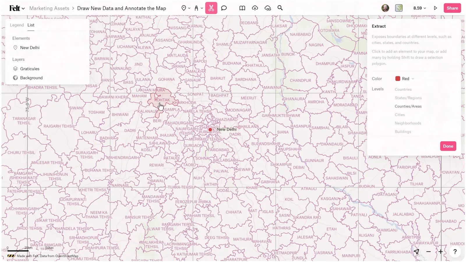 Screenshot from Felt’s Youtube video, “Getting Started with Felt 2/6 - Draw Data and Annotate the Map,” showing the Extract Tool’s scissor icon.
