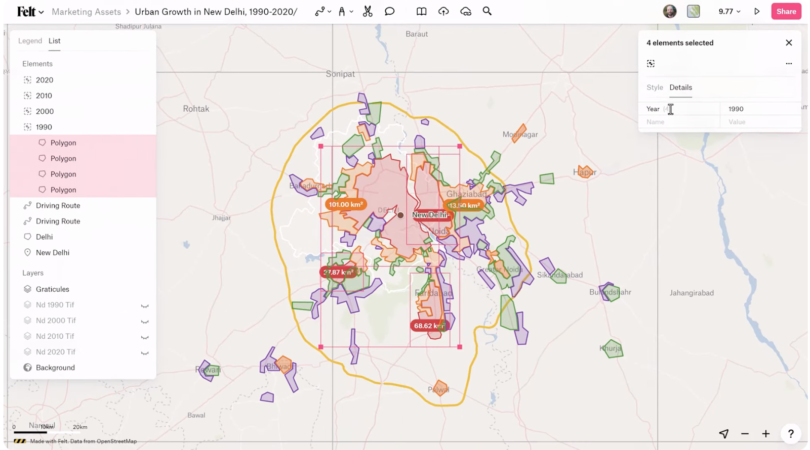Screenshot from Felt’s Youtube video, “Getting Started with Felt 2/6 - Draw Data and Annotate the Map,” showing adding data attributes under the Details tab.