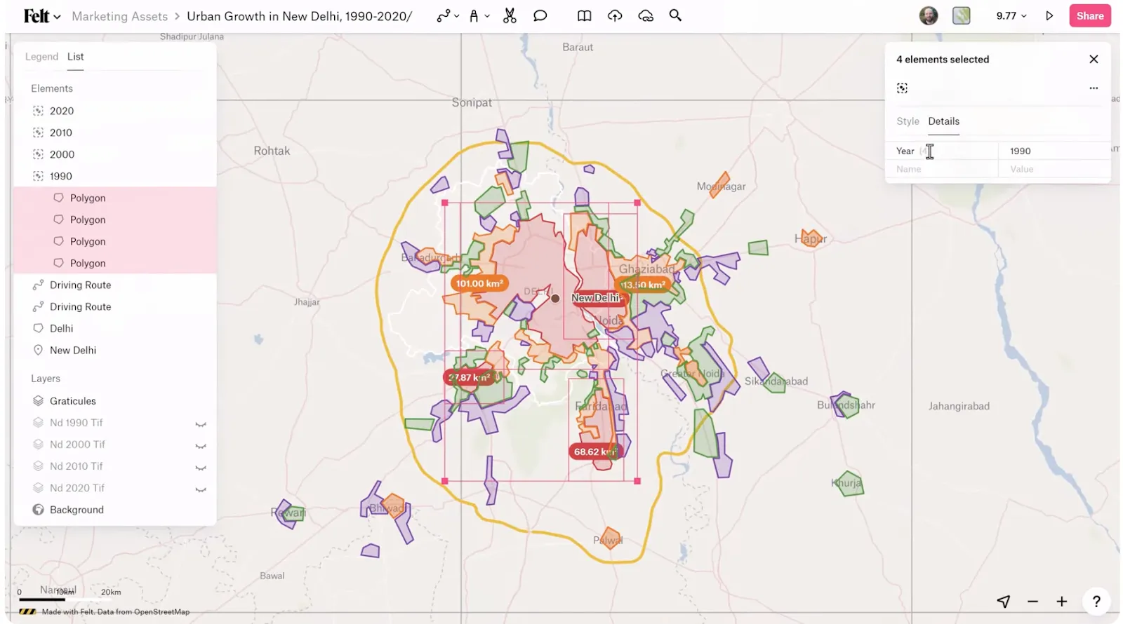 Screenshot from Felt’s Youtube video, “Getting Started with Felt 2/6 - Draw Data and Annotate the Map,” showing adding data attributes under the Details tab.