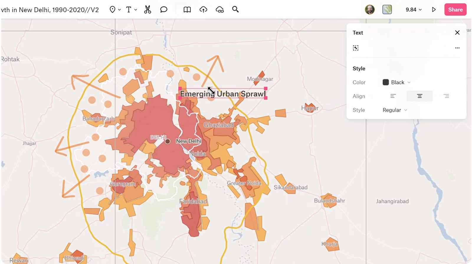 Screenshot from Felt’s Youtube video, “Getting Started with Felt 2/6 - Draw Data and Annotate the Map,” showing the text tool writing ‘Emerging Urban Sprawl.'