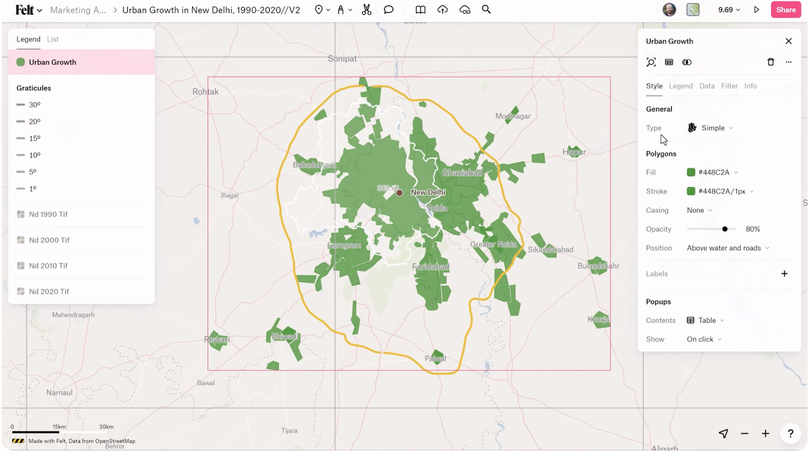 Screenshot from Felt’s Youtube video, “Getting Started with Felt 2/6 - Draw Data and Annotate the Map,” showing a green converted data layer around New Delhi, India.