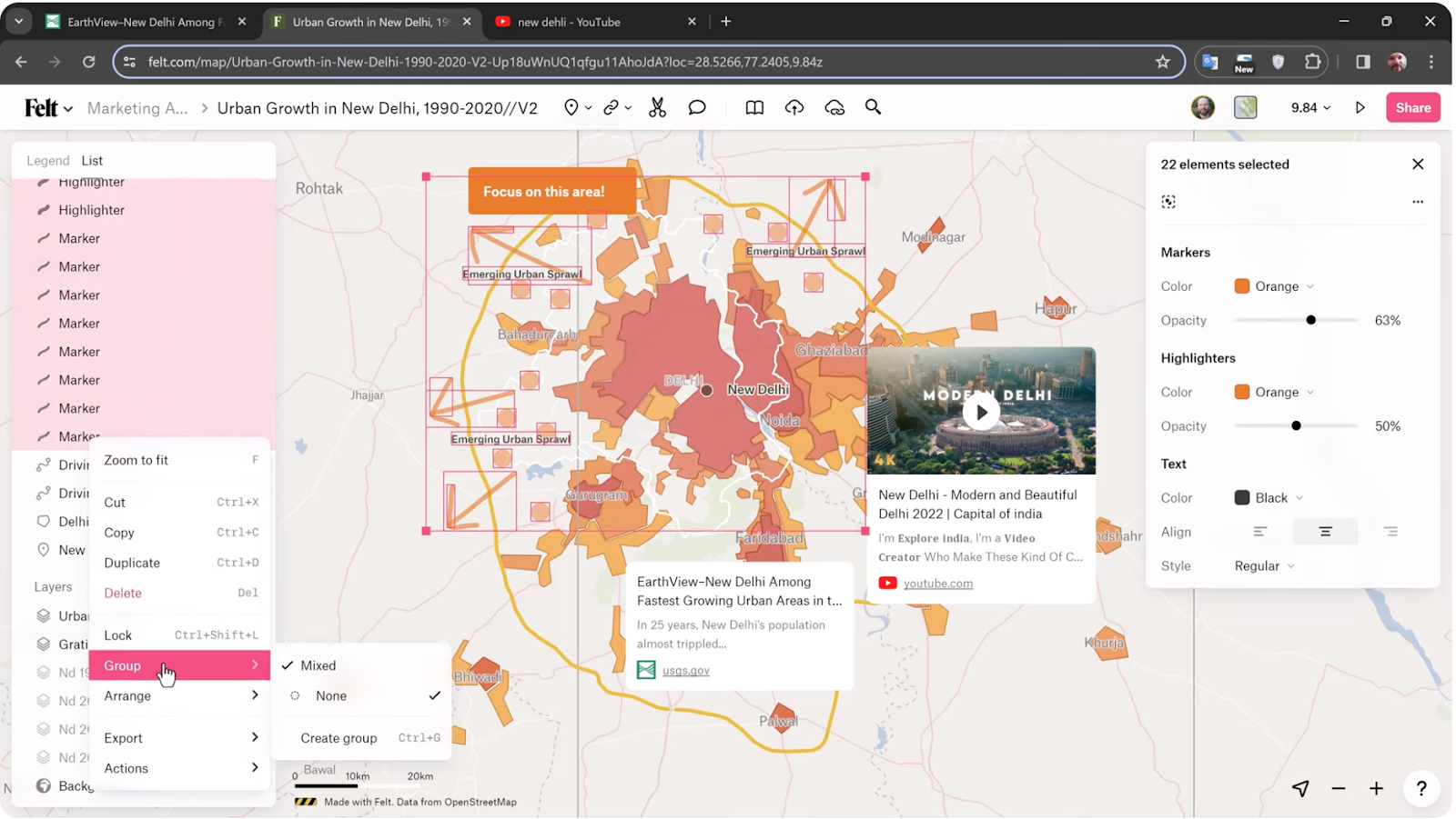 Screenshot from Felt’s Youtube video, “Getting Started with Felt 2/6 - Draw Data and Annotate the Map,” showing adding a link annotation from YouTube.